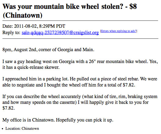 Ad posted to Vancouver, BC craigslist - for sale - wanted - bicycles